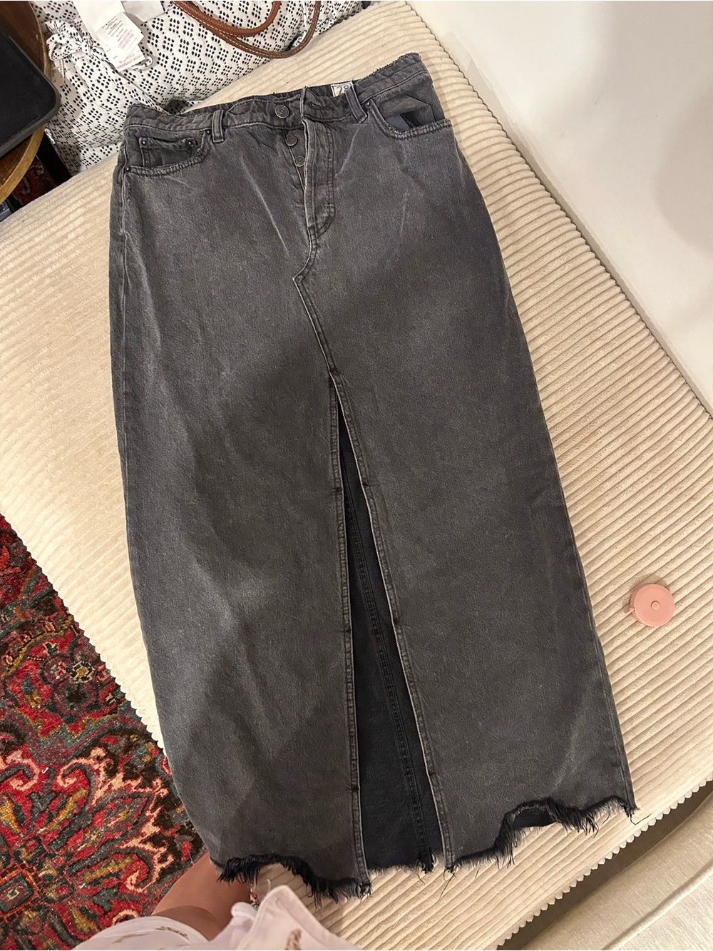 We The Free People -  Distressed‎ Black Fade Denim Front Slit Midi Skirt